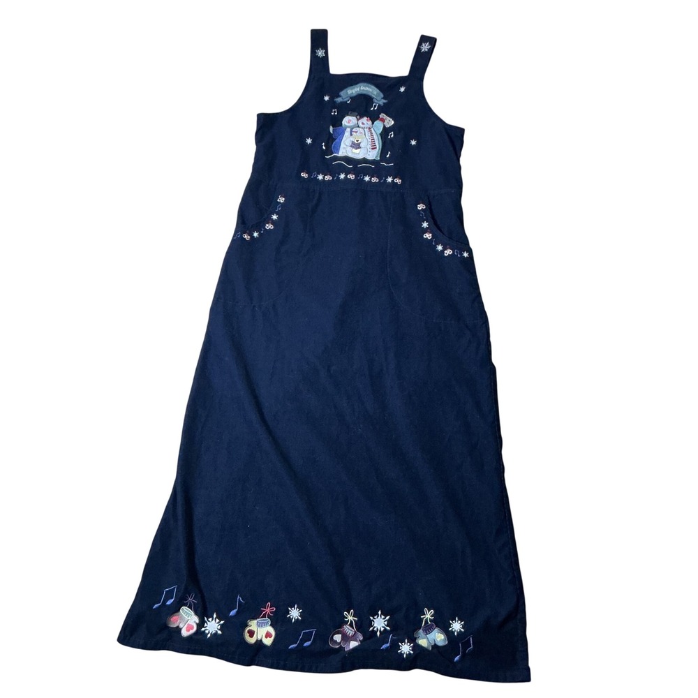 Christopher & Banks Vintage Snowman Corduroy Jumper Dress Womens M Navy Holiday